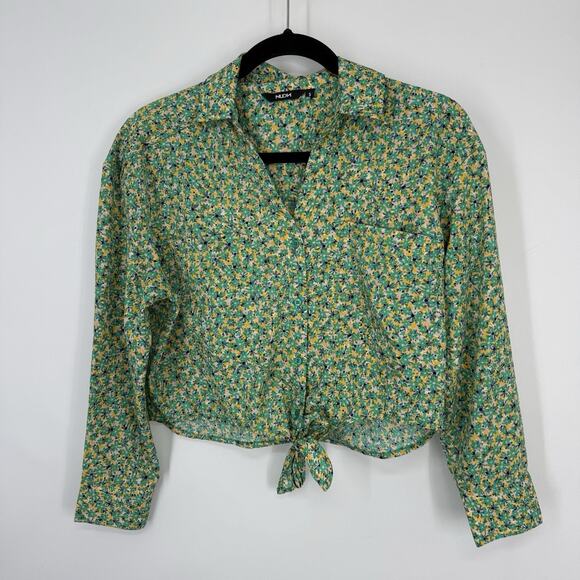 Nuon Tie waist crop Blouse size Small Green Ditzy Flowers Long Sleeve Button up - Picture 13 of 13